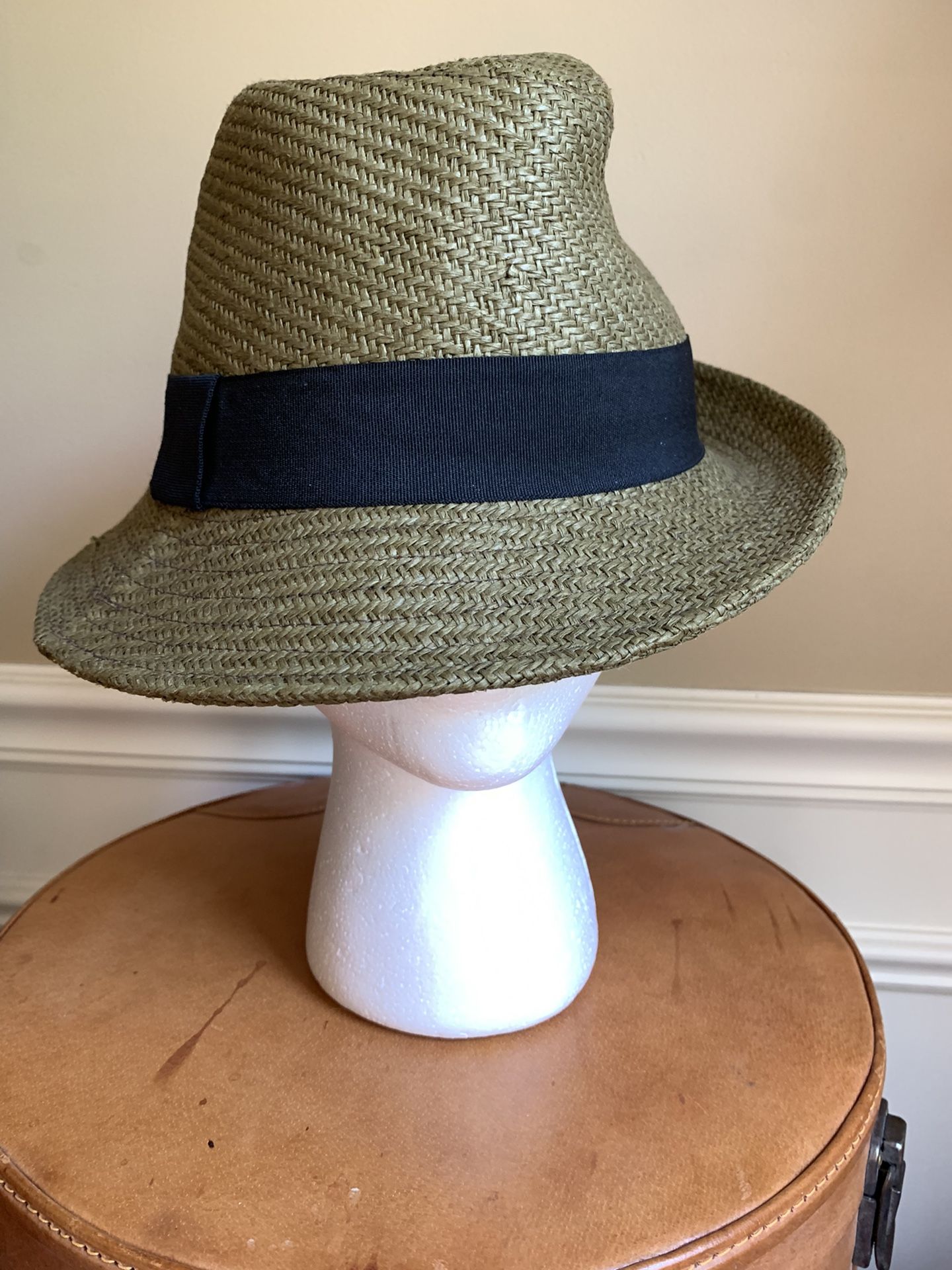 HINGE Men Women Straw Fedora Hat - Tan w/ Black Band Size 7 3/8”