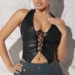 SHEIN Leather Lace Up Halter Top 