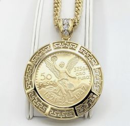 14K Gold Plated Mexican Centenario Moneda 50 Pesos CZ Pendant Optional Chain