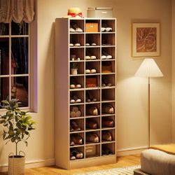 10-Tier Shoe Storage Cabinet, White and Brown Wooden Shoe Rack with 30 Cubbies, Freestanding Tall Entryway Shoe Organizer for Closet, Entryway, Living