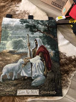 Lost No More" tapestry wall hanging depicting Jesus as the Good Shepherd, featuring artwork by Greg Olsen