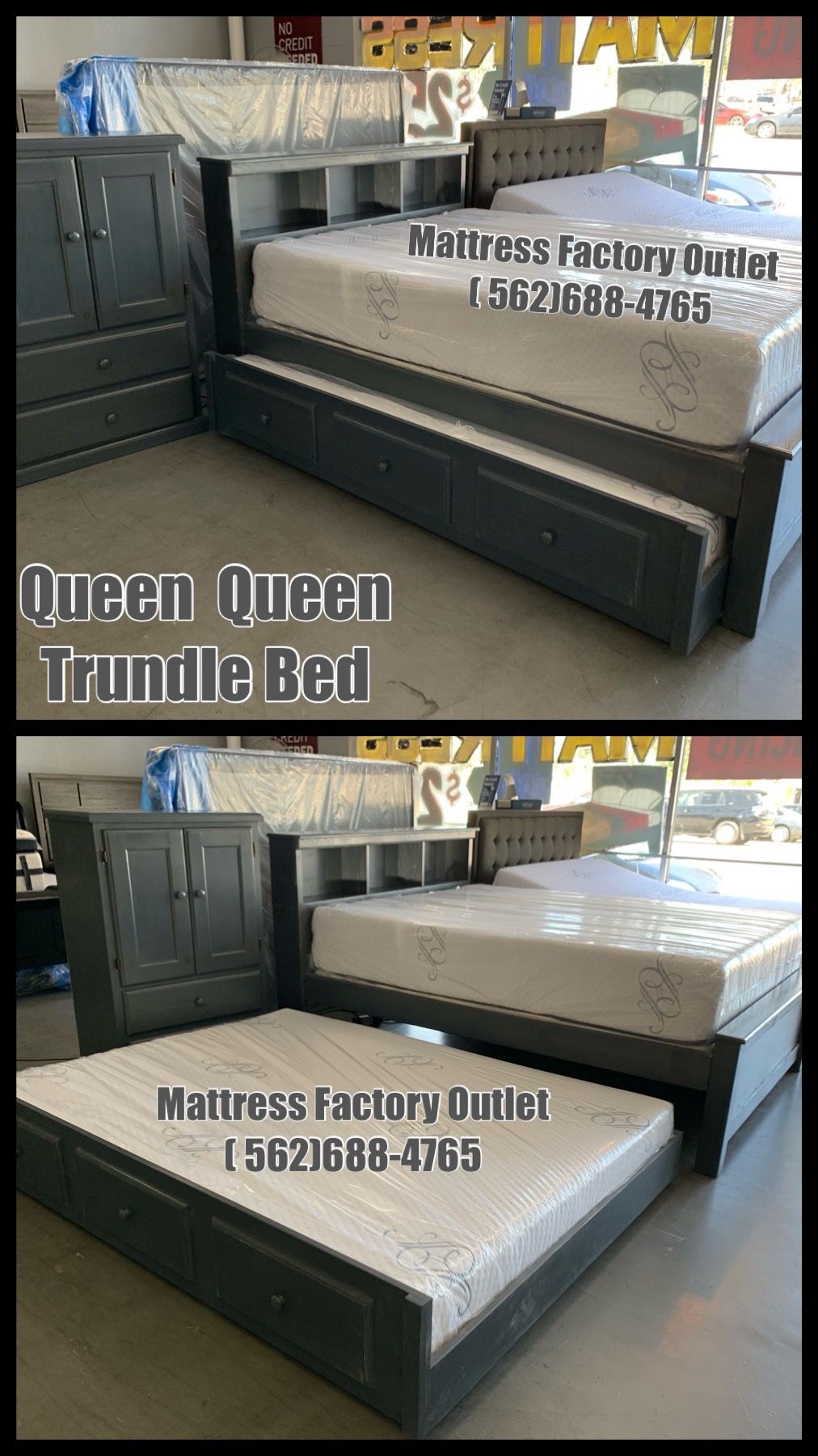 Queen Trundle Bed Heavy Duty Frame (Available in : Black / Gray Washed / Natural / Cherry / Oak / Expresso / Honey....11 colors available )