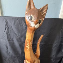 Whimsical Cat Carved Wood, Hand Painted Statue