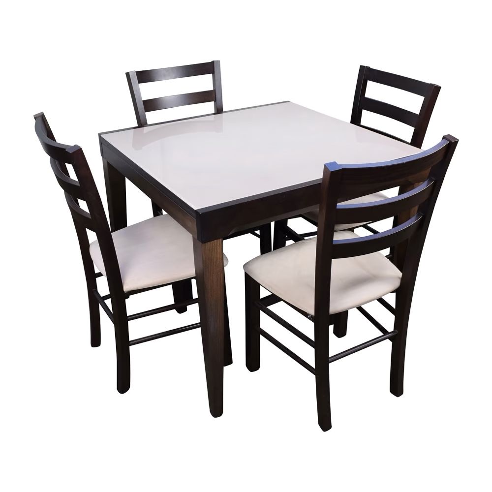 Small Square Dining Table And 4 Chairs. From Macy’s Cafe Latte Dining Collection. Brown Wood With Tempered Glass Top, Microfiber Dining Seat Cushion.