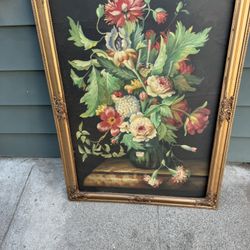 Large Flower Painting With Ornate Frame
