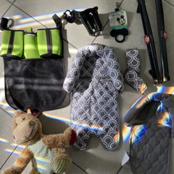 BABY ITEMS—2 Carseat Pads, 2 Sun Shades, Stroller Clips, Cup Holder