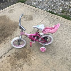 Huffy princess pink 12” toddler girl bike with training wheels and doll seat