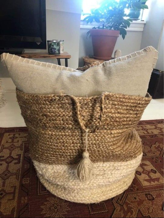 Jute tassel large storage basket bin tote Modern farmhouse Bohemian boho home decor