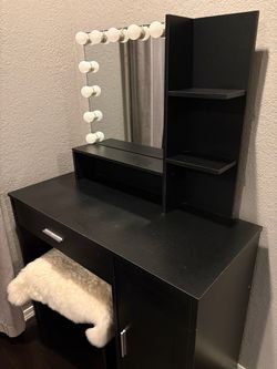 Black Vanity Desk with Hollywood Mirror and Shelves