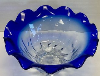 Shannon Crystal Designs Of Ireland Clear with Blue Ruffled Rim Bowl