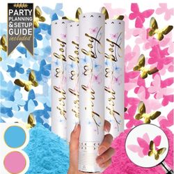 Gender Reveal Confetti Cannon 4 Pack (2 Blue 2 Pink) | Butterfly Confetti Popper and Powder Gender Reveal Smoke Bombs | Baby Gender Reveal Ideas, NEW