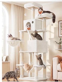 Cat Tree, 81.1-in Large Cat Tower, Multi-Level Condo, Cream White with 13 Sisal Scratching Posts, 2 Perches, 2 Cave, Hammock, Basket, Pompoms for Indo