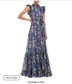 Mac Duggal Mock Neck Ruffle Shoulder Floral Printed Chiffon Maxi Dress - Size