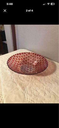 Red Textured Glass Decorative Bowl Vintage Anchor Hocking Waterford "Waffle" Pink Depression large Berry Bowl 8" with red poke a dots