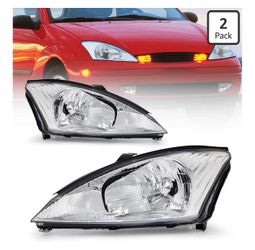 AS Headlight Assembly for 2000 2001 2002 2003 2004 Ford Focus Headlamp with Chorme Housing Driver and Passenger Side