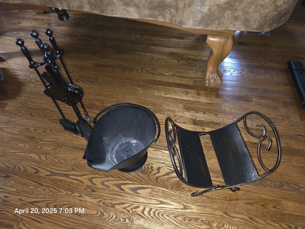 Fireplace Tools, Bucket & Wood Holder