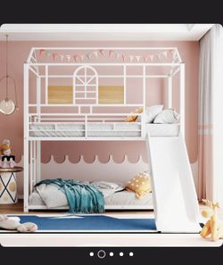 Twin Over Twin Metal House Bunk Bed With Slide