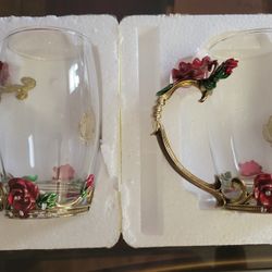 Butterfly And Roses Coffee Tea Glass Cup Set. NEW