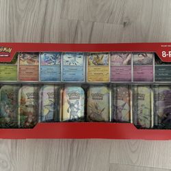 POKEMON TCG PRISMATIC EVOLUTIONS TINS COLLECTION 8 PACK NEW SEALED COSTCO paldean mega 151 