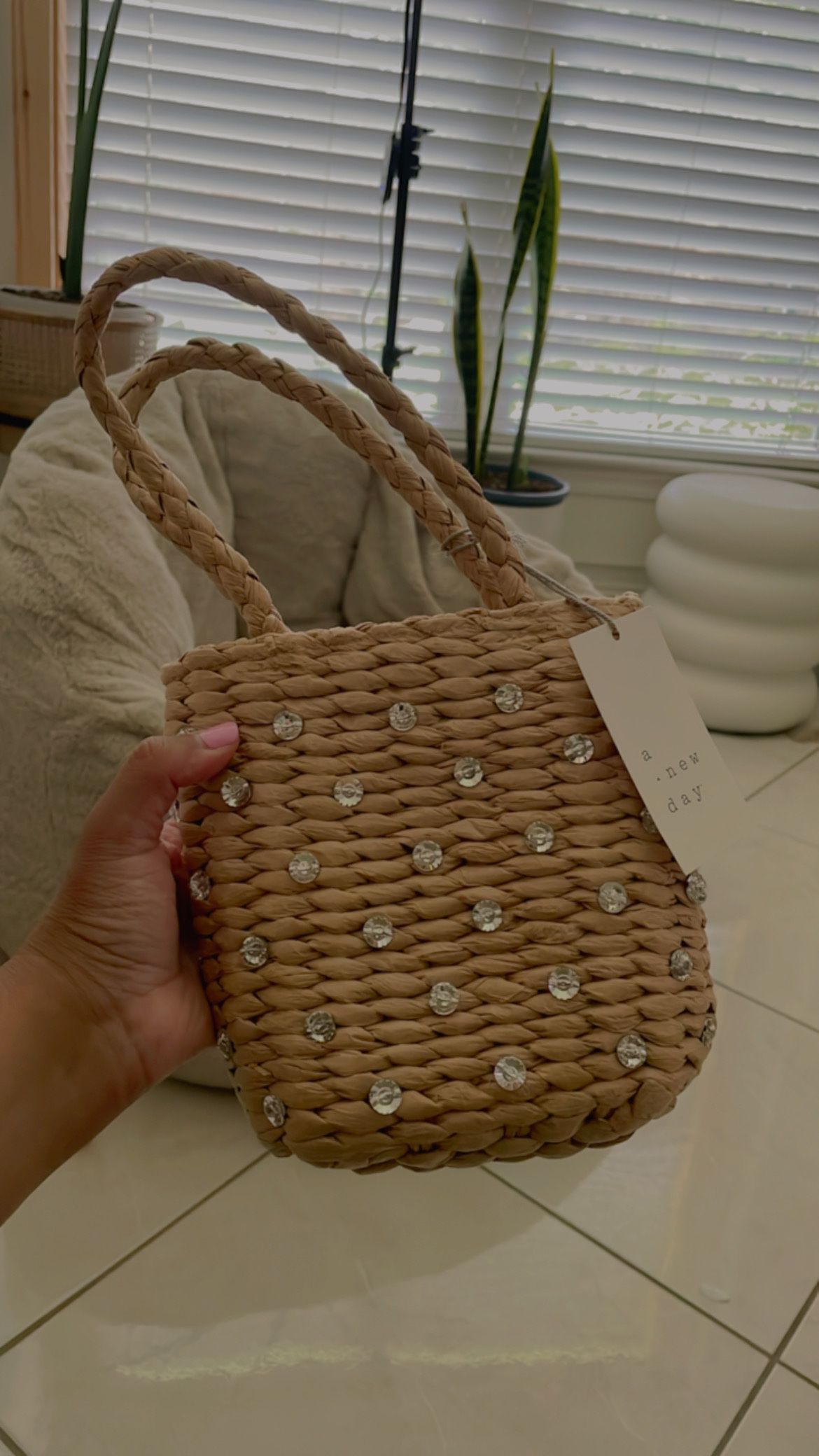 Mini Embellished Straw Bucket Bag 