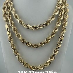 14K 12mm 26in diamond cut rope chain. re-stock