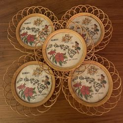 Vintage Wicker Rattan Coaster Set (5)