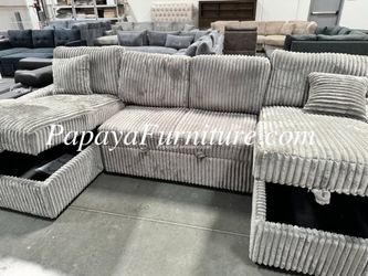 NEW Large Sectional Sofa with TWO STORAGE Left Right CHAISE Lounge Super Plush Fabric bed Pullout Sleeper Gray Fabric Discount Grey BIG Designer SALE