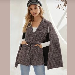 Pocket Side Belted Tweed Cape Coat Red Black White Belt Outerwear Size Small S