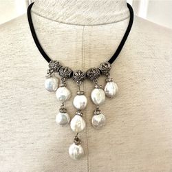 Freshwater Coin Baroque Coin Pearl Necklace On Velvet Cord 