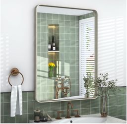 22x30 Inch Brushed Nickel Bathroom Mirror, Brushed Silver Metal Framed Wall Mirror, Rounded Corner Rectangle Modern Vanity Mirror, Tempered Glass, Ant