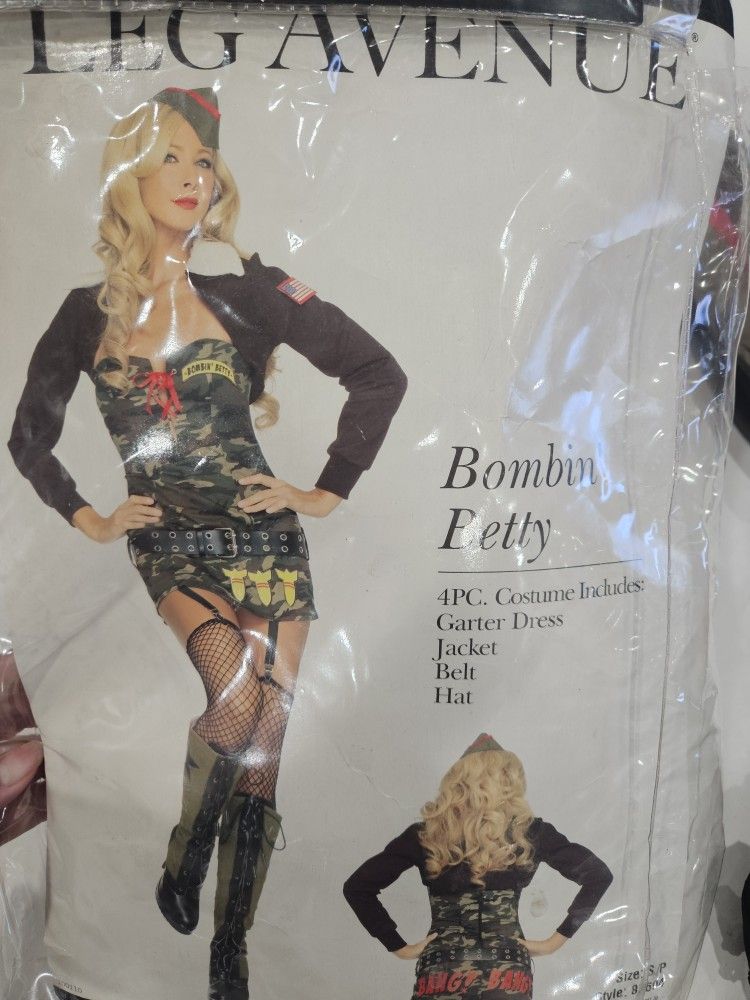 Leg Avenue Bombin' Betty costume, which includes a garter dress, jacket, fishnet stockings, and hat. Size Small