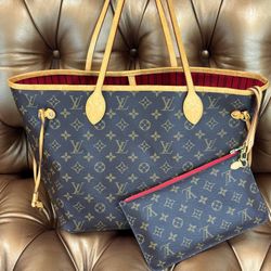 Louis Vuitton Neverfull Brown Tote Monogram Canvas MM RED Interior Good Condition