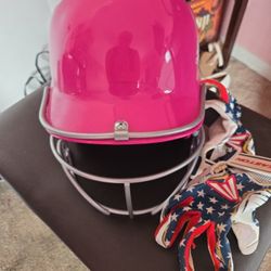 Softball Helmet And Batting Gloves