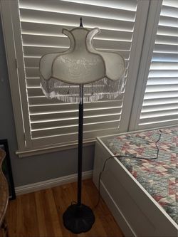 Vintage Floor Lamp With Metal Base And Fabric Fringed Shade