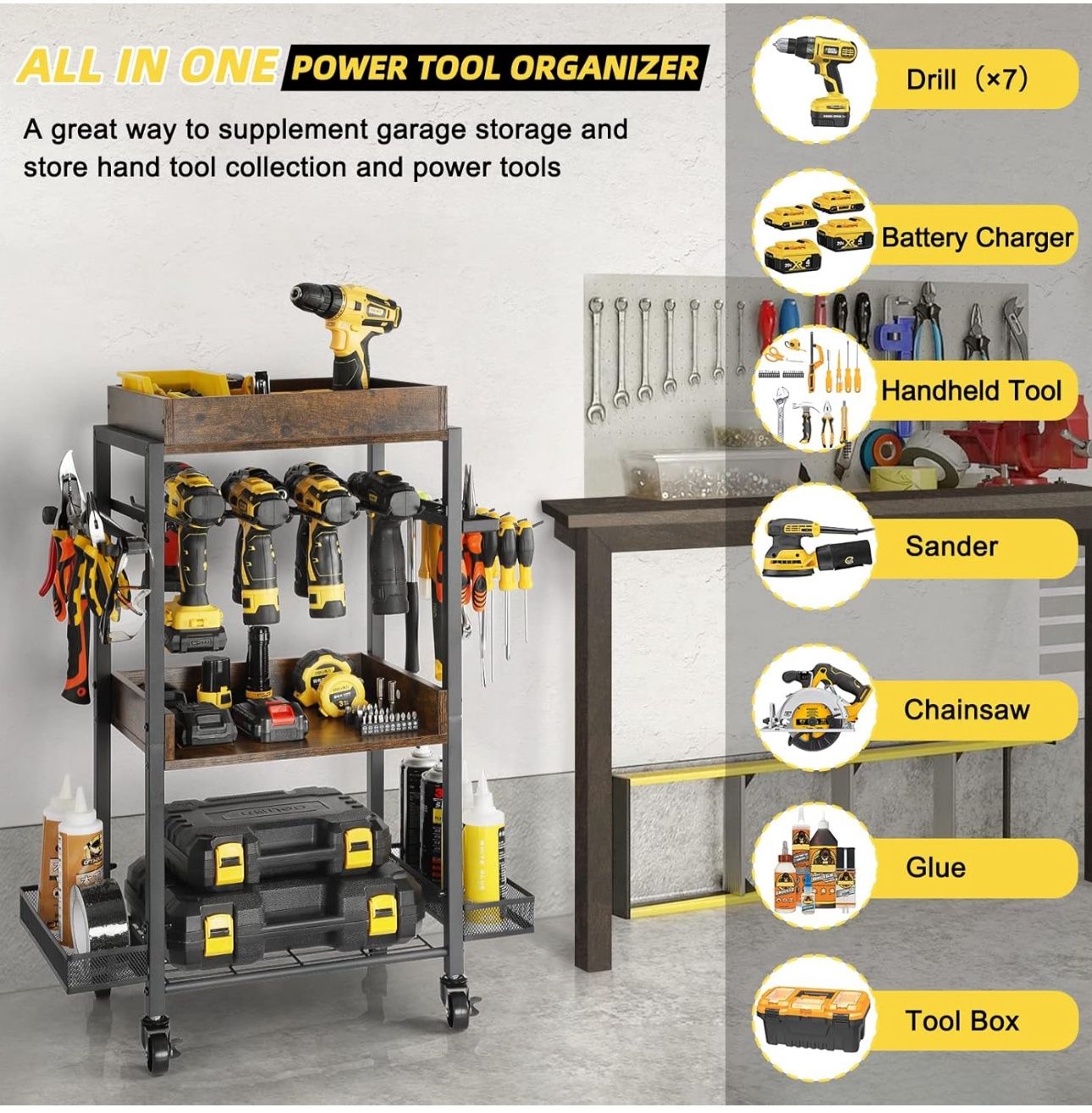 Metal Power Tool Drill Organizer Storage Shelves Cart Holder Rack with Lockable Wheels Size Length 17", Width 12", Height 34" New Condition