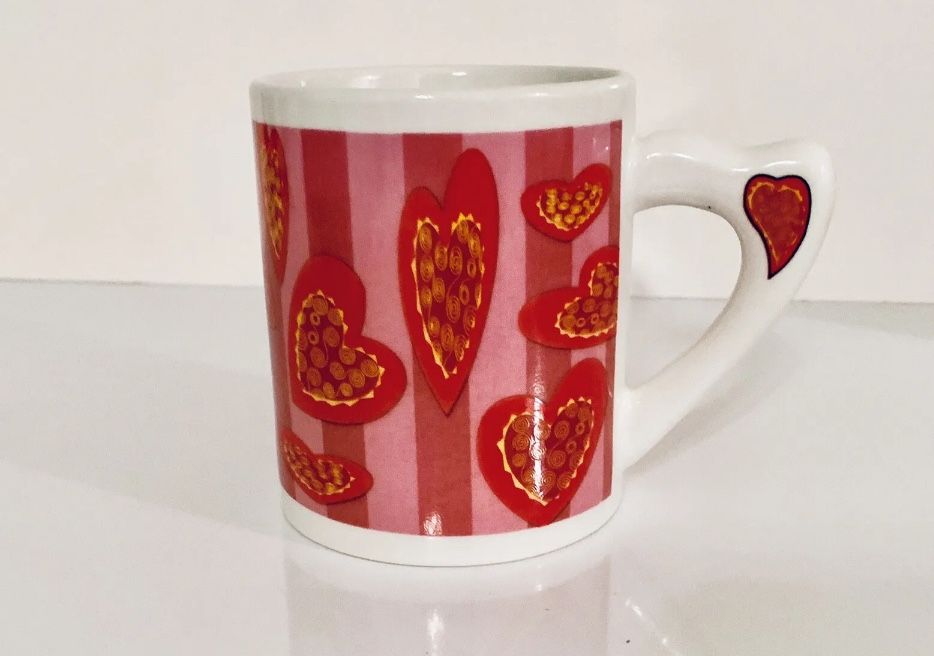 Valentine’s Mug Seasons 12” Hearts Pink And Red. Red Heart on the handle. Brand Mugs (HK) LTD. Comes from a smoke free environment.