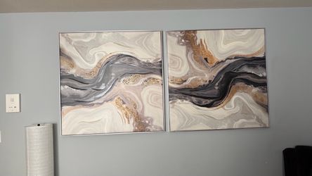 Off white, gold, grey, and black canvas paintings