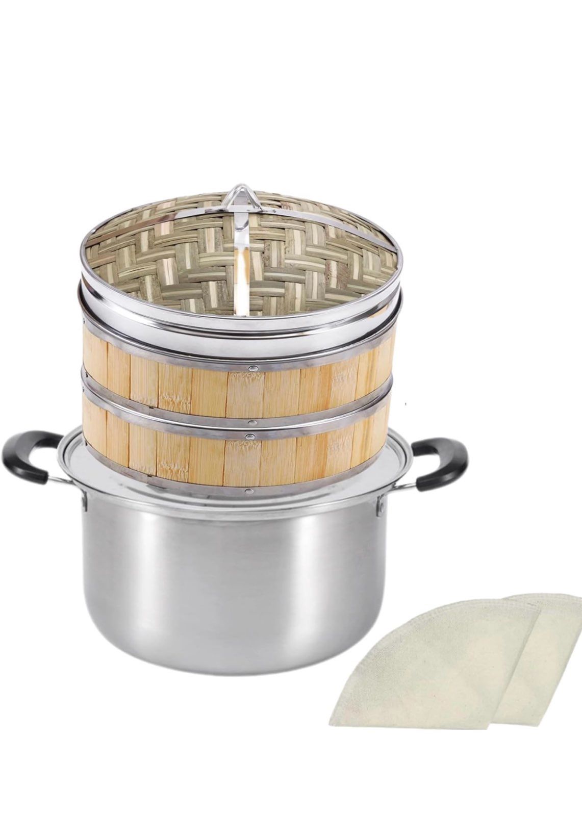8.7 Inch Bamboo Steamer Basket, 2 Tier Bamboo Steamer for Cooking Dumpling Steamer with Pot, Cotton Liners, Steaming Ring for Bao, Dim
