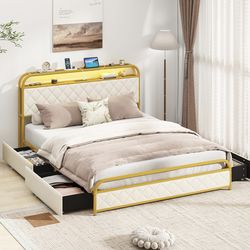 New in Box Queen Bed Frame with 4 Storage Drawers and Charging Station, Queen Size Platform Bed w/LED Lights & Linen Upholstered Headboard