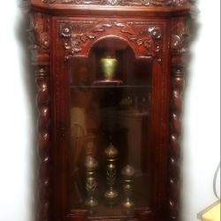 Solid Wood, Ornately Carved Corner Display Cabinet