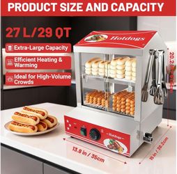 Hot Dog Steamer with Bun Warmer - Electric Steaming Machine 2-Tier Capacity for 175 Hot Dogs & 40 Buns, Visible Glass Slide Doors for Commercial
