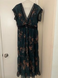 Teal Floral Midi Dress with Black Lace Trim