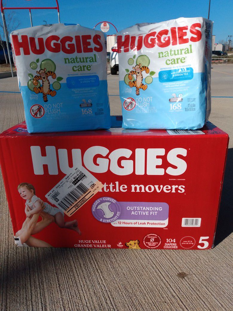Brand New Case Of Huggies Little Movers size 5 Comes With Huggies Wipes!