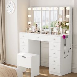 Vanity With 11 Drawers & Lighting Bulbs, Storage Stool & 10X Magnifying Mirror