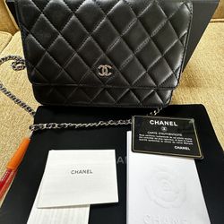 Authentic Chanel WOC Wallet On Chain In Balck And Silver Hardware