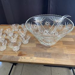Large Vintage Glass Punch Bowl with 10 Cups and Ladle