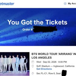 4 Tickets - Wednesday Sep 2 (9/2): BTS World Tour Arirang: Los Angeles (LA) - Floor C1