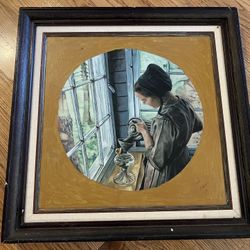 Vintage Amish Girl Framed Painting 21” x 21”
