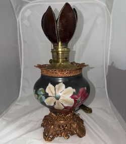 Vintage GWTW Parlor Lamp Amber Slag Glass Lotus Petal Shade Hand Painted Floral
