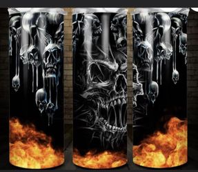 Tumbler Mug Insulated American Fire Flaming Skull  NAME Designs HOT/COLD 20oz 